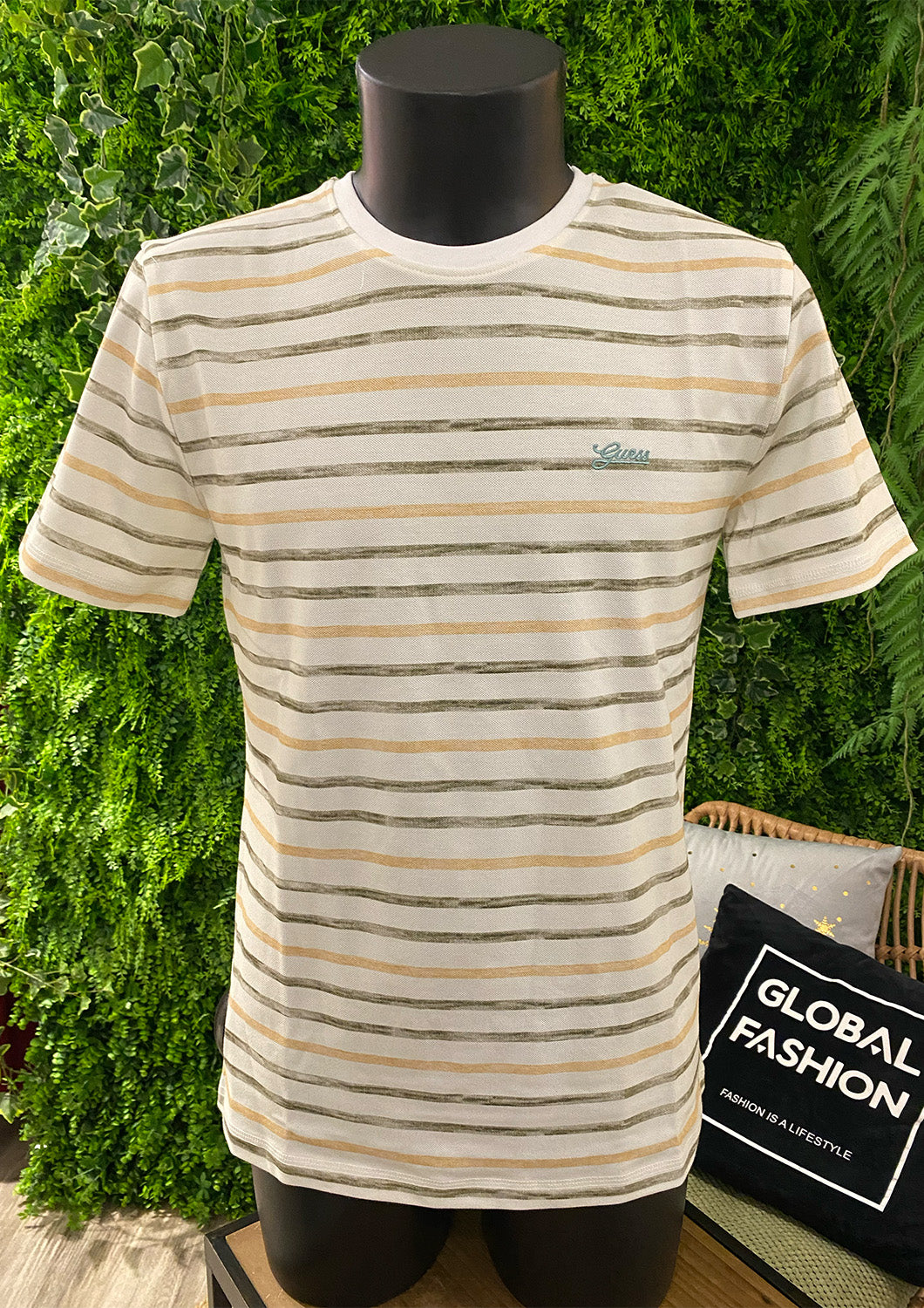 Heren - T-shirt gestreept - beige/khaki/oker