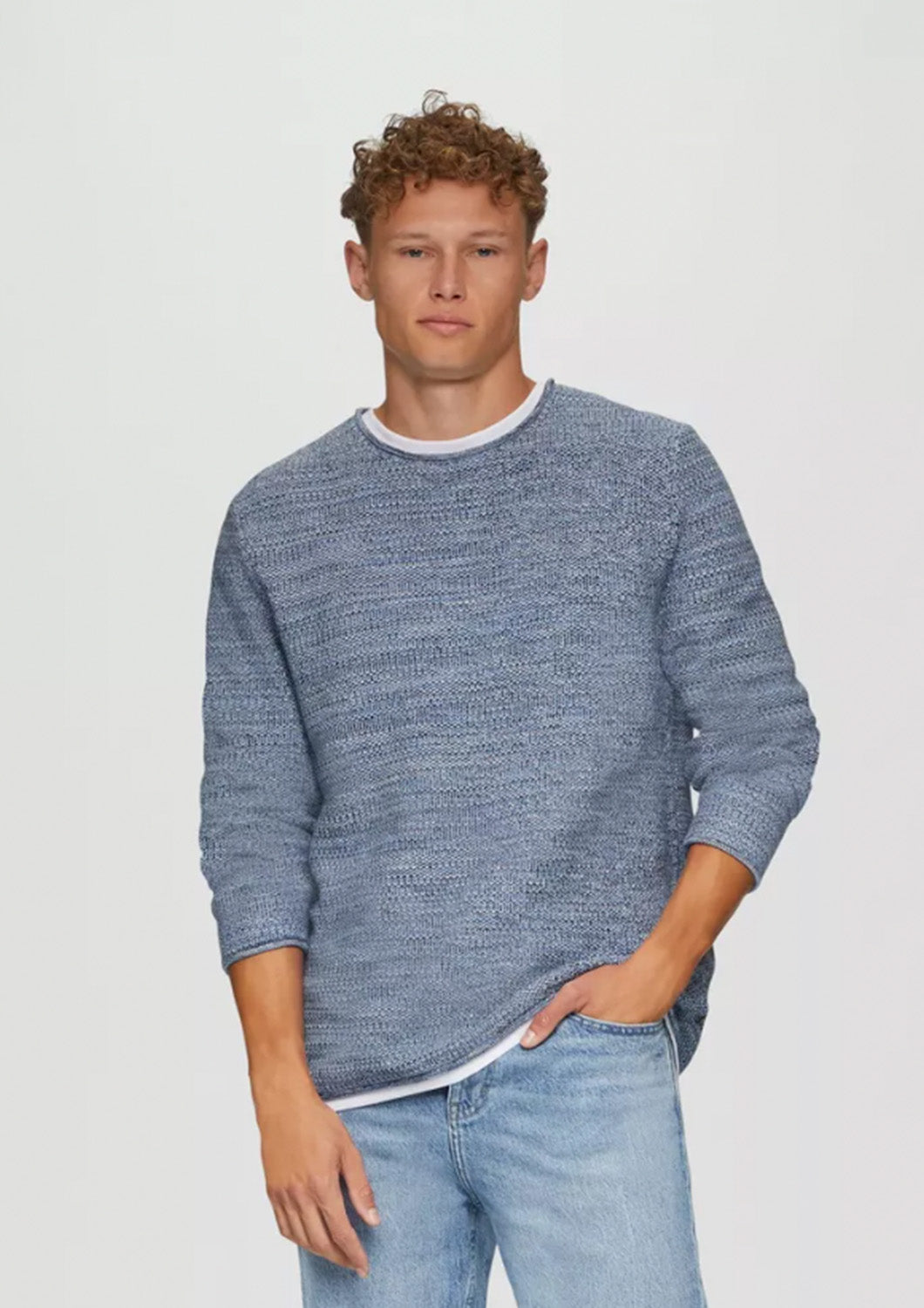 Heren - Q/S - trui - Gemêleerde gebreide trui met laagjesdetail - blauw