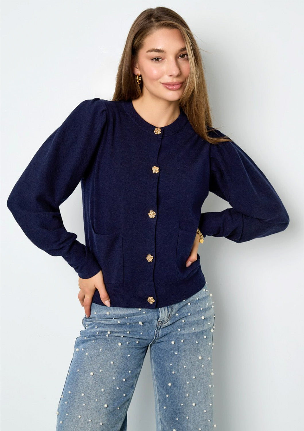 Dames - selected by global fashion - vest - met goud kleurige bloem knopen - navy