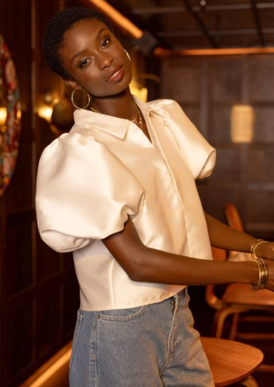 Dames - my jewellery - blouse met korte pofmouwen in satijn look