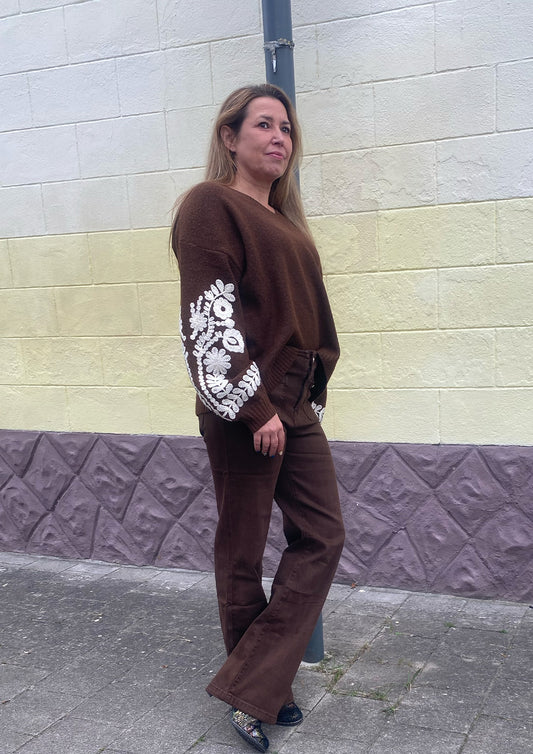 Dames - selected by global fashion - trui met bloemen aan de mouwen - bruin