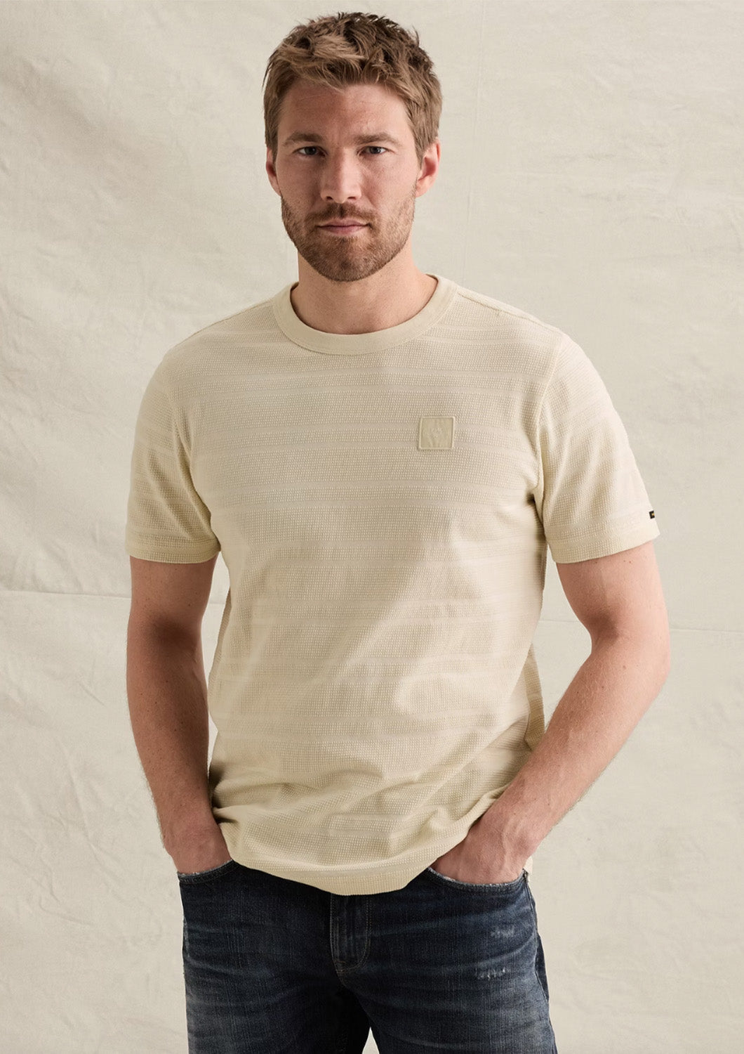 Heren -  PME Legend - T-shirt - Bone white met streeppatroon en waffelstructuur