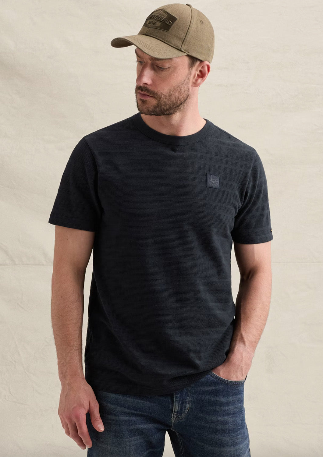 Heren - PME Legend - T-shirt - Nachtblauw met streeppatroon en wafelstructuur