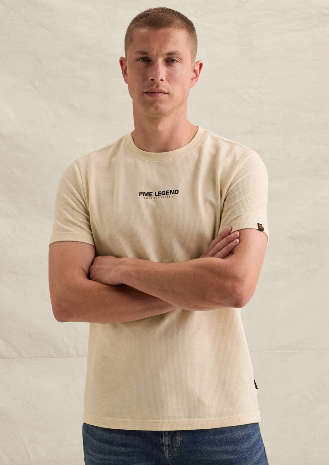 Heren - PME Legend - T-shirt - Bone white met klein artwork en wafelstructuur